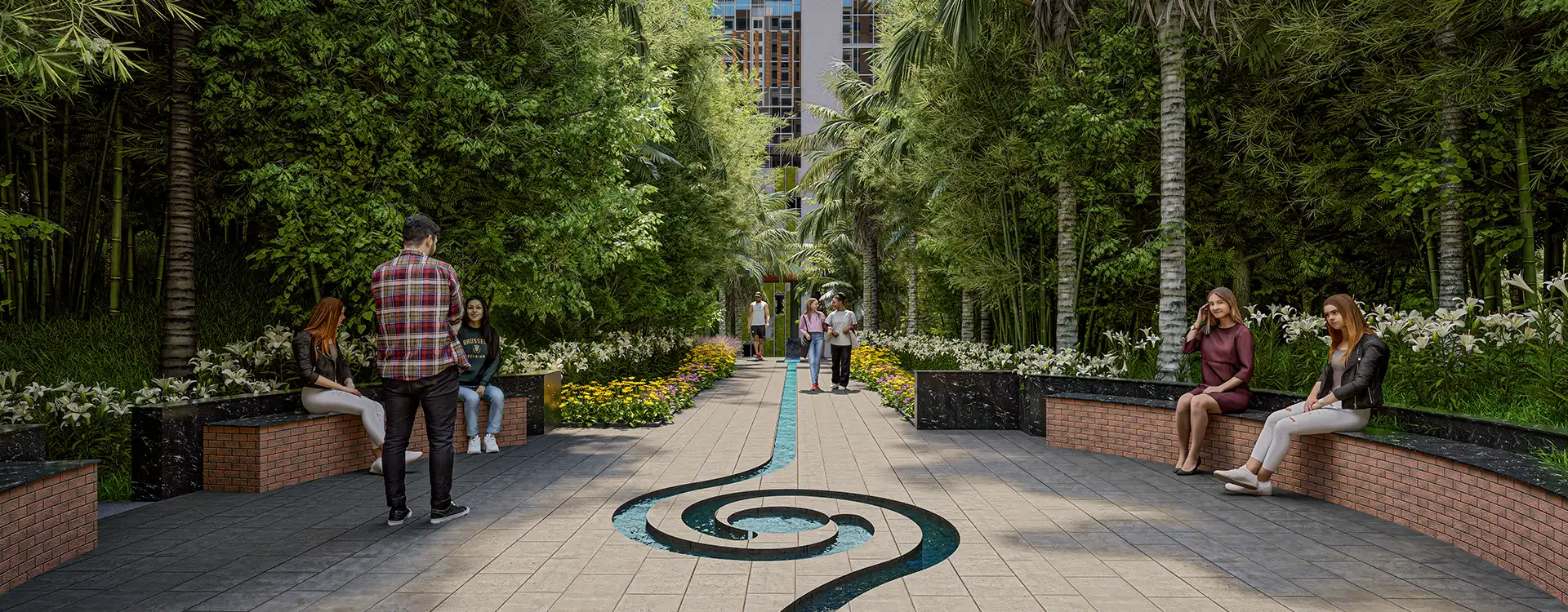 Kohinoor Central Park landscaped bamboo walkway through the 2.5-acre central park