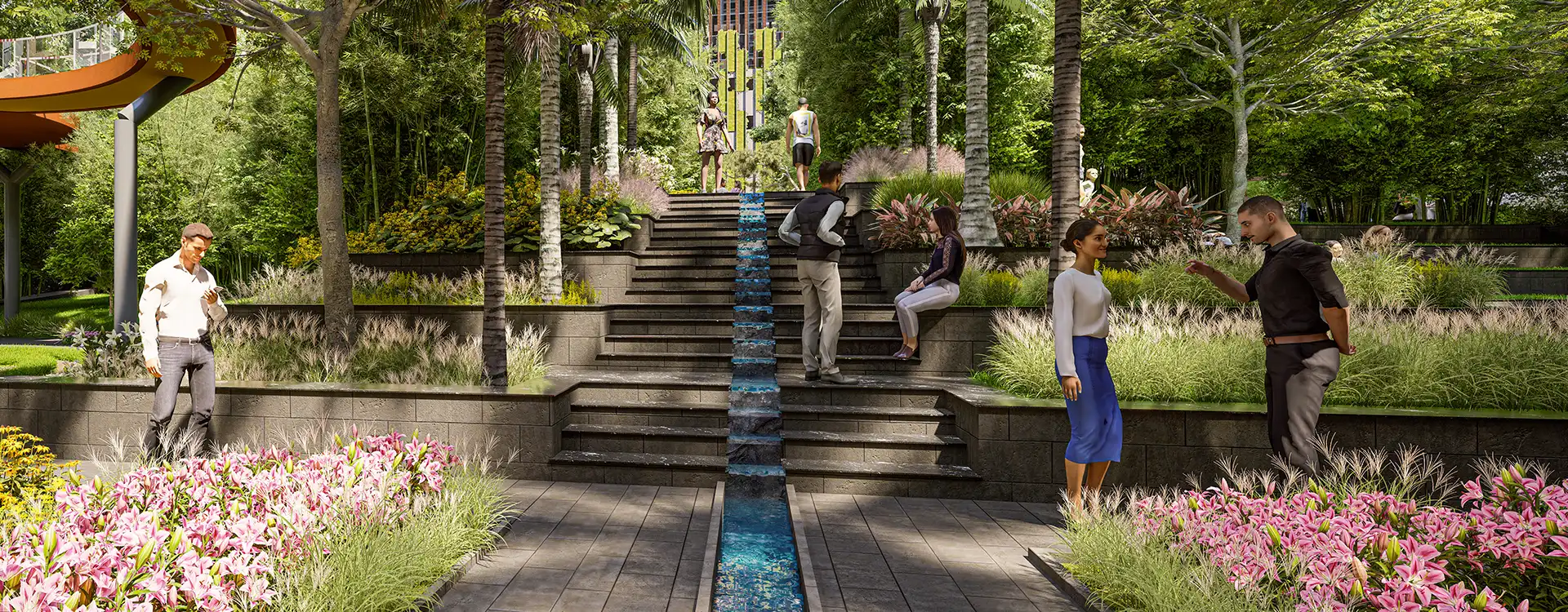 Kohinoor Central Park cascading water feature and terraced garden seating
