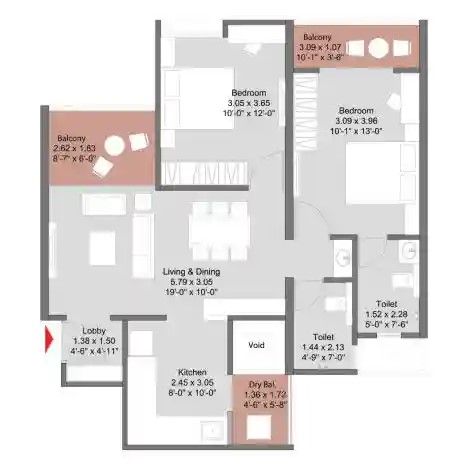 Kohinoor Uptown Avenue - 2 BHK floor plan