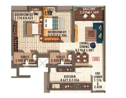 Kumar Parc Residences A1 - 2 BHK floor plan layout