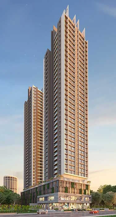 Majestique Swapnangan tower elevation rising above the retail podium