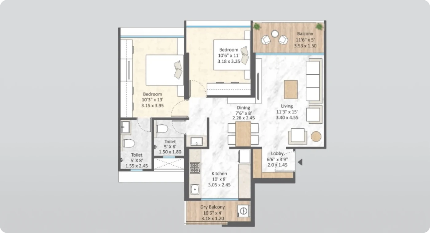 Mantra Magnus 2 BHK (alternative stacking) floor plan