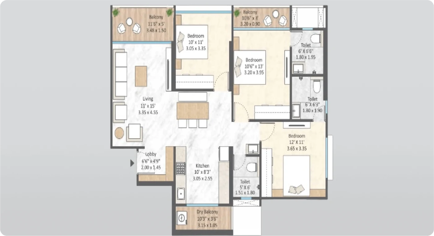 Mantra Magnus 3 BHK floor plan