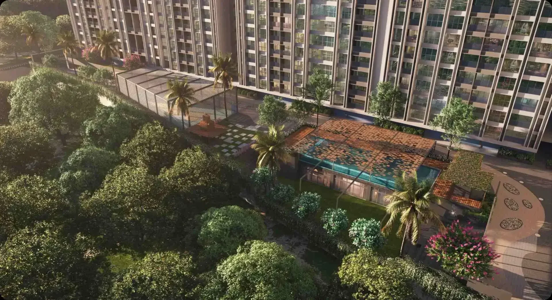 Mantra Magnus podium deck with swimming pool and landscaped seating from above