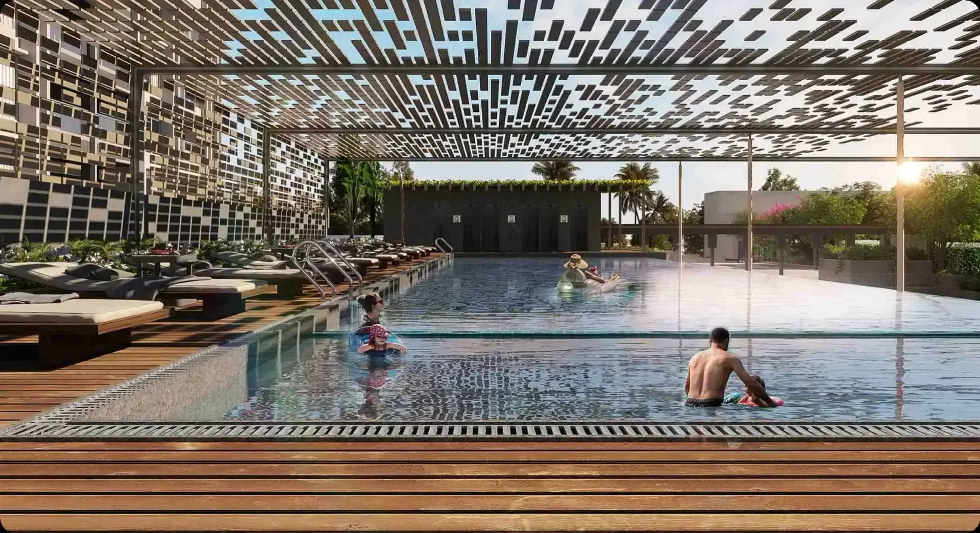 Mantra Magnus pool deck with pergola shading and loungers
