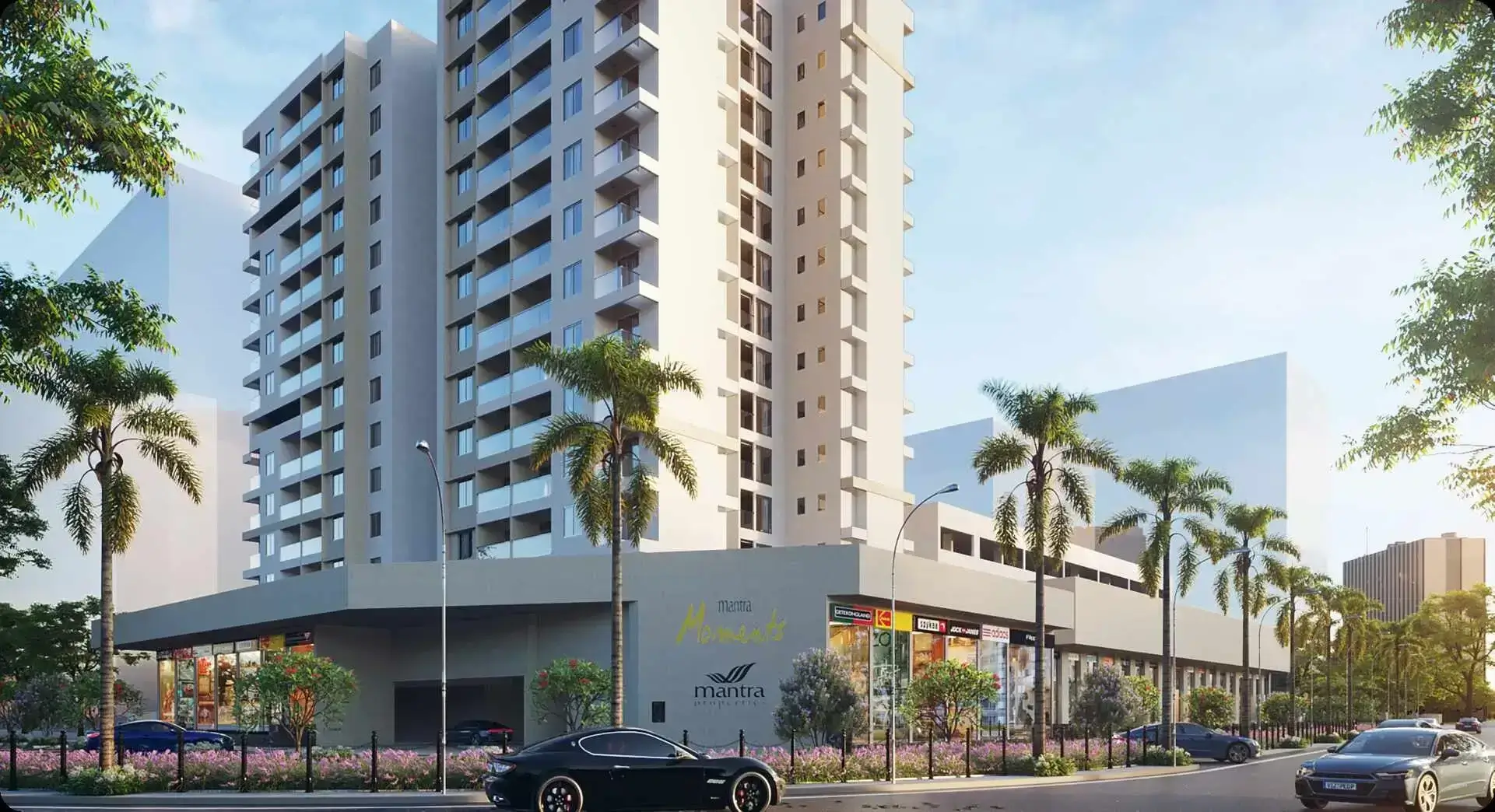 Mantra Moments residential tower and street-level shopping frontage