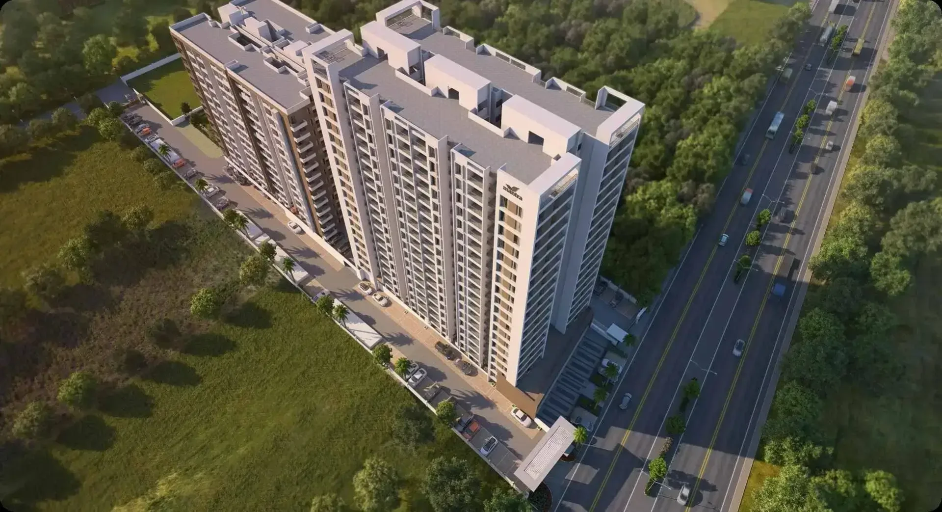 Mantra Parkview aerial showing the towers alongside the Dhayari main road