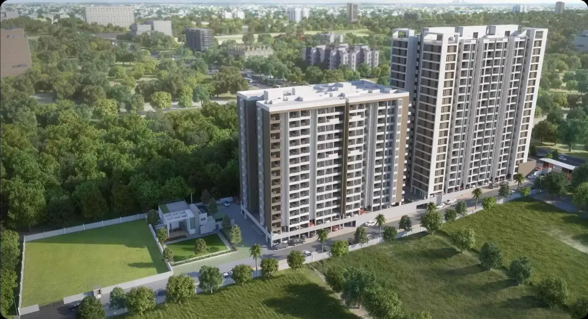 Mantra Parkview towers viewed from above with the surrounding tree cover
