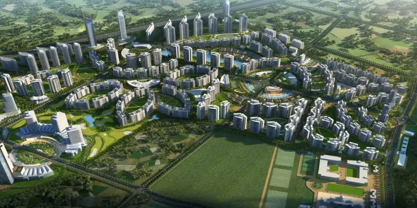 Pride World City 400-acre township master plan bird's eye render