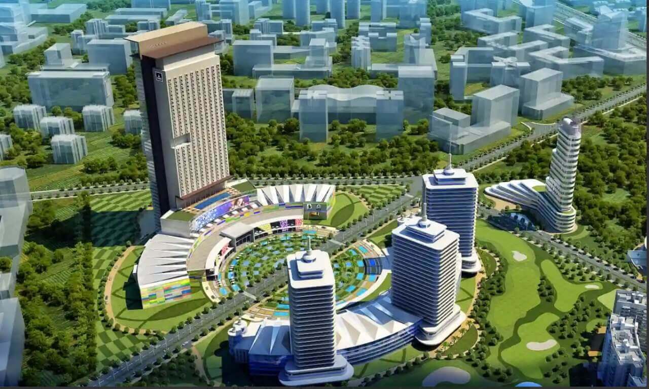 Pride World City development aerial view with commercial and recreational zones