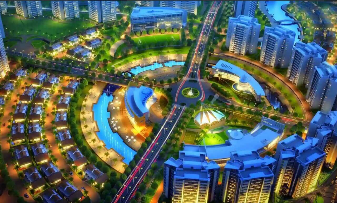 Pride World City night view render with illuminated swimming pool and landscaping