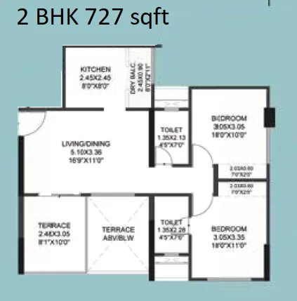 Pristine Equilife Homes 2 BHK (727 sq.ft) floor plan