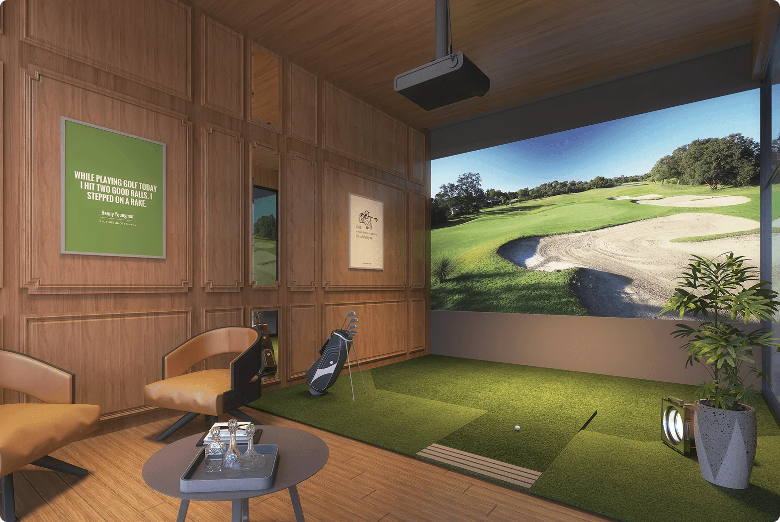 Pristine Kyra indoor golf simulator lounge within the clubhouse