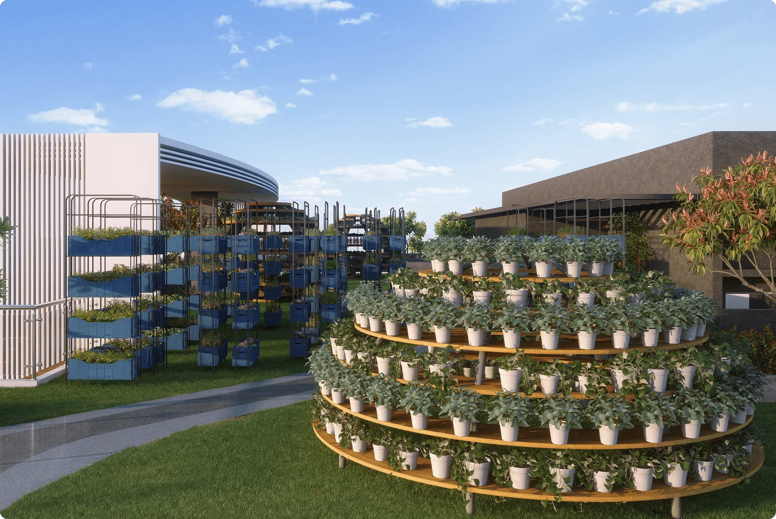 Pristine Kyra central plaza with interactive fountain and tiered planters