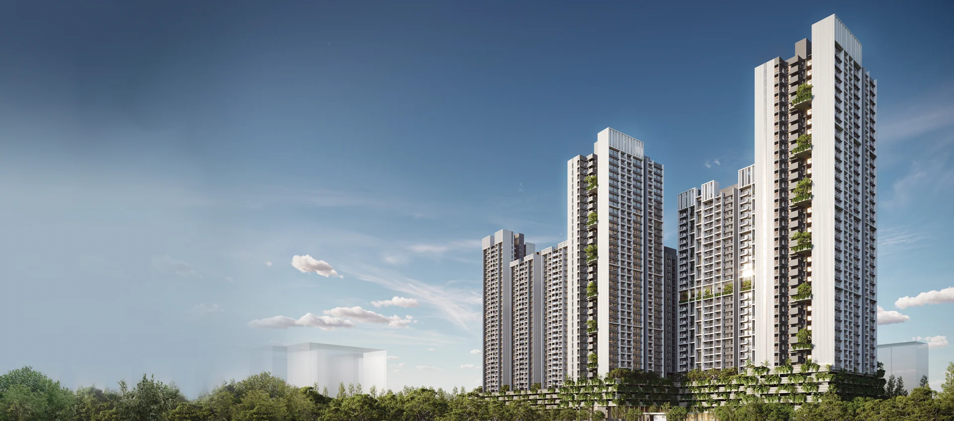 Rohan Harita towers with planted balcony terraces viewed from the approach road