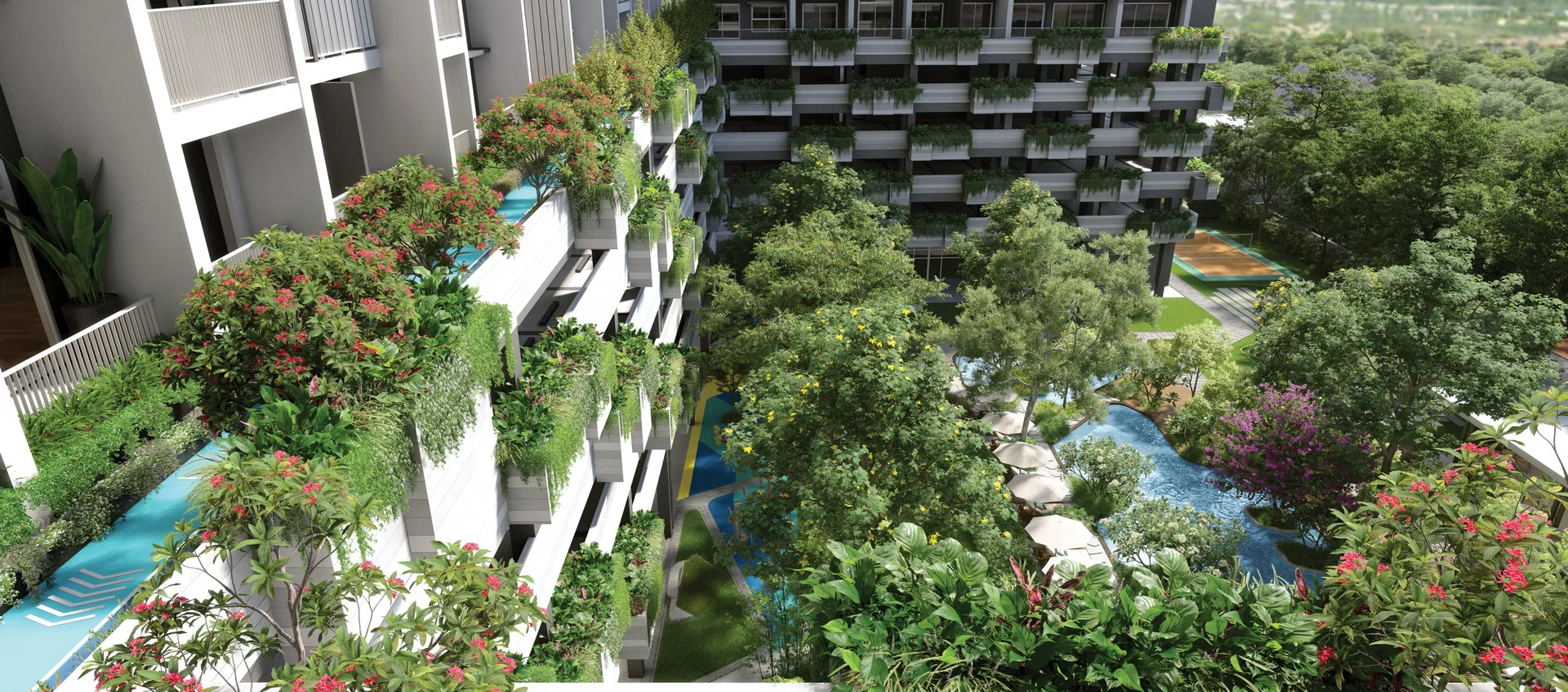 Rohan Harita aerial view of the landscaped podium and water bodies between towers