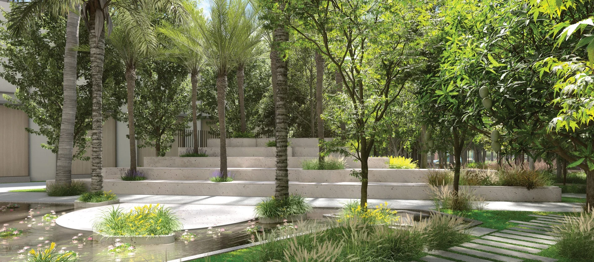 Rohan Harita forest trail and tiered seating within the Miyawaki planting zone