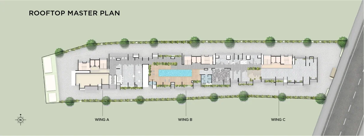 Rohan Viti rooftop master plan showing Wing A, Wing B and Wing C with the pool and amenity deck