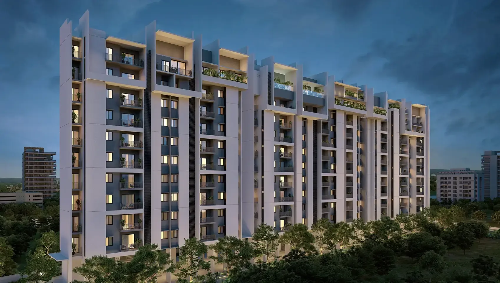 Rohan Viti evening elevation with apartments illuminated
