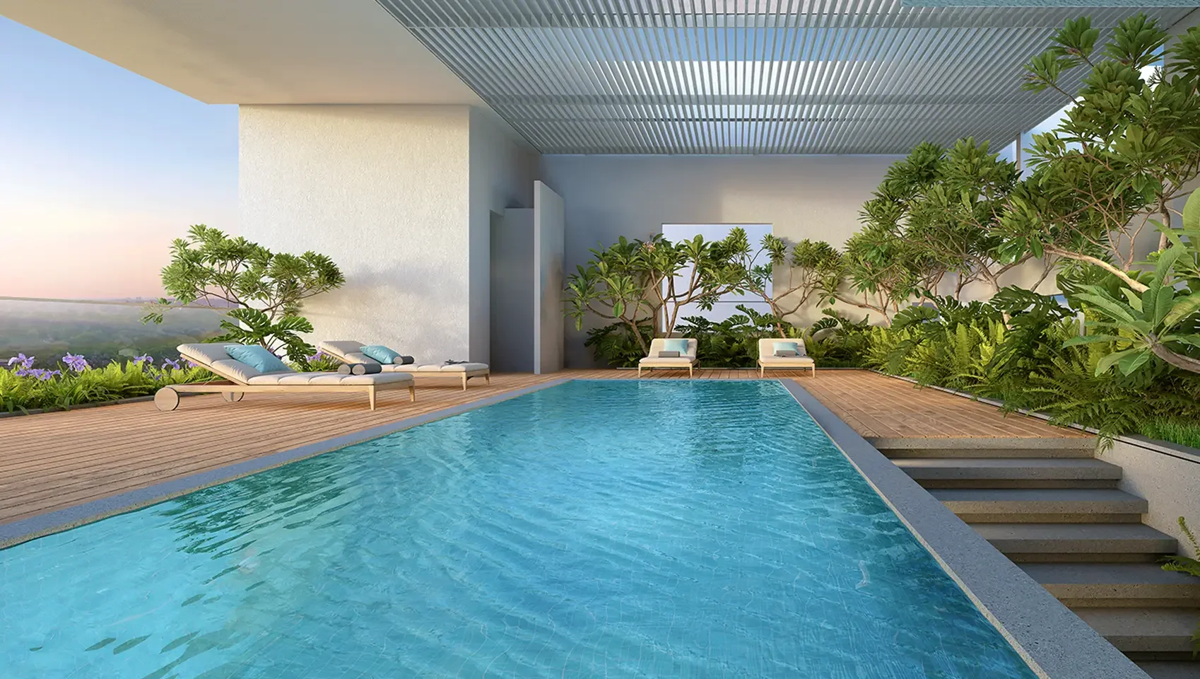 Rohan Viti rooftop Sky Courtyard swimming pool with loungers and planting