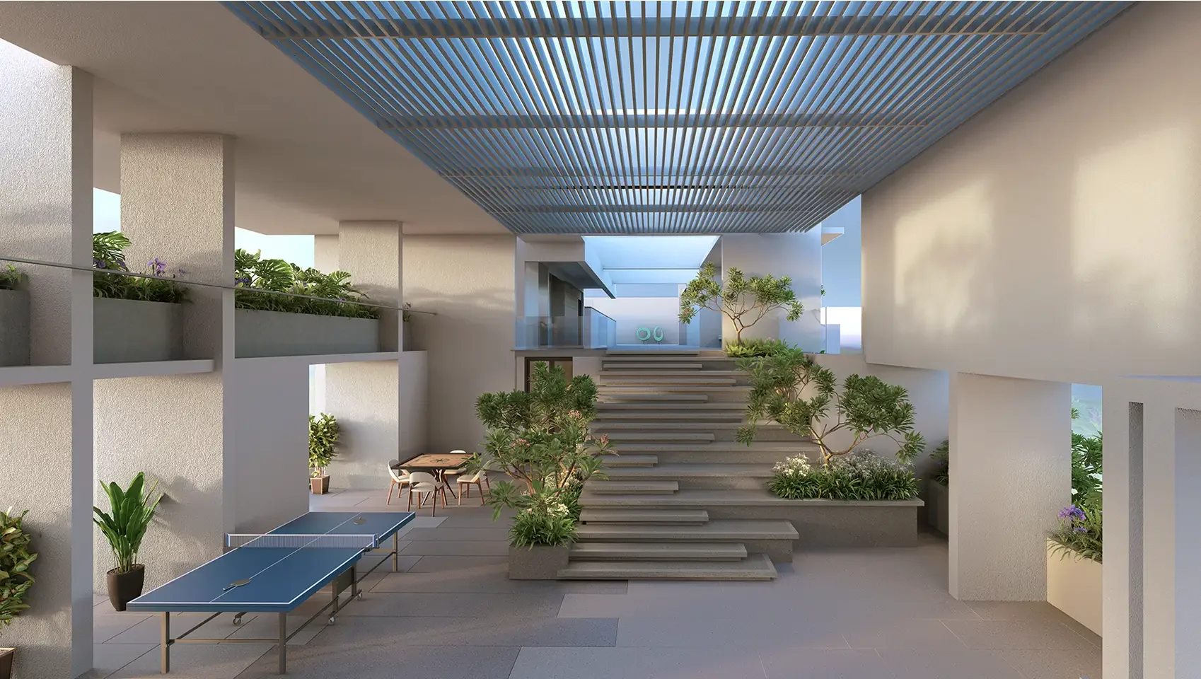 Rohan Viti rooftop games area with table tennis beneath the pergola canopy