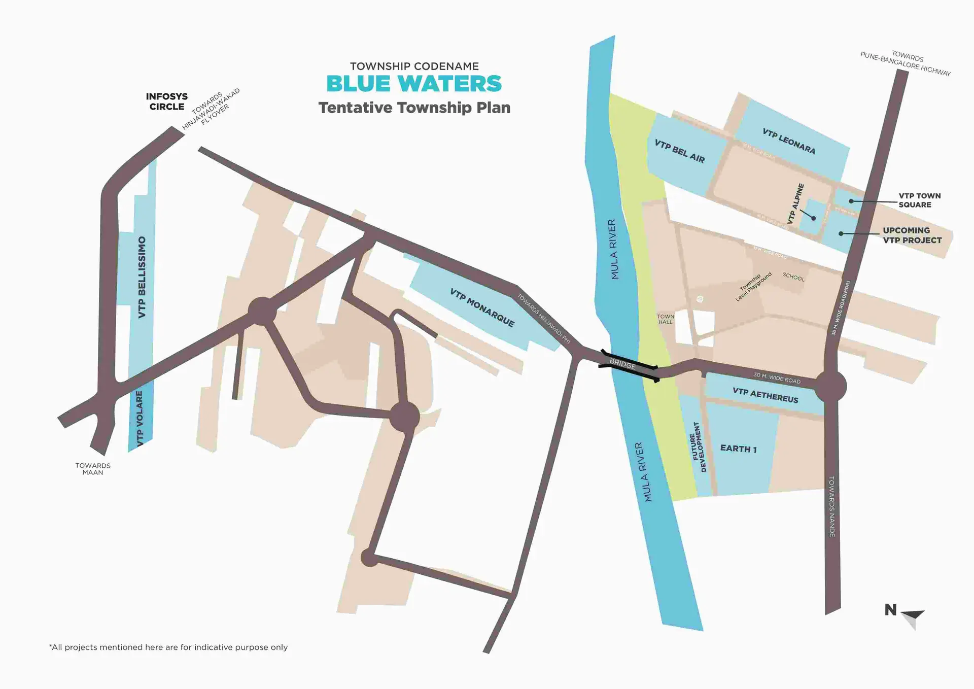 VTP Blue Waters tentative township plan showing Bellissimo, Monarque, Volare, Aethereus, Earth 1, BelAir and Leonara alongside the Mula river