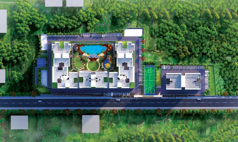 VTP Verve aerial view of the podium amenity deck and tower layout