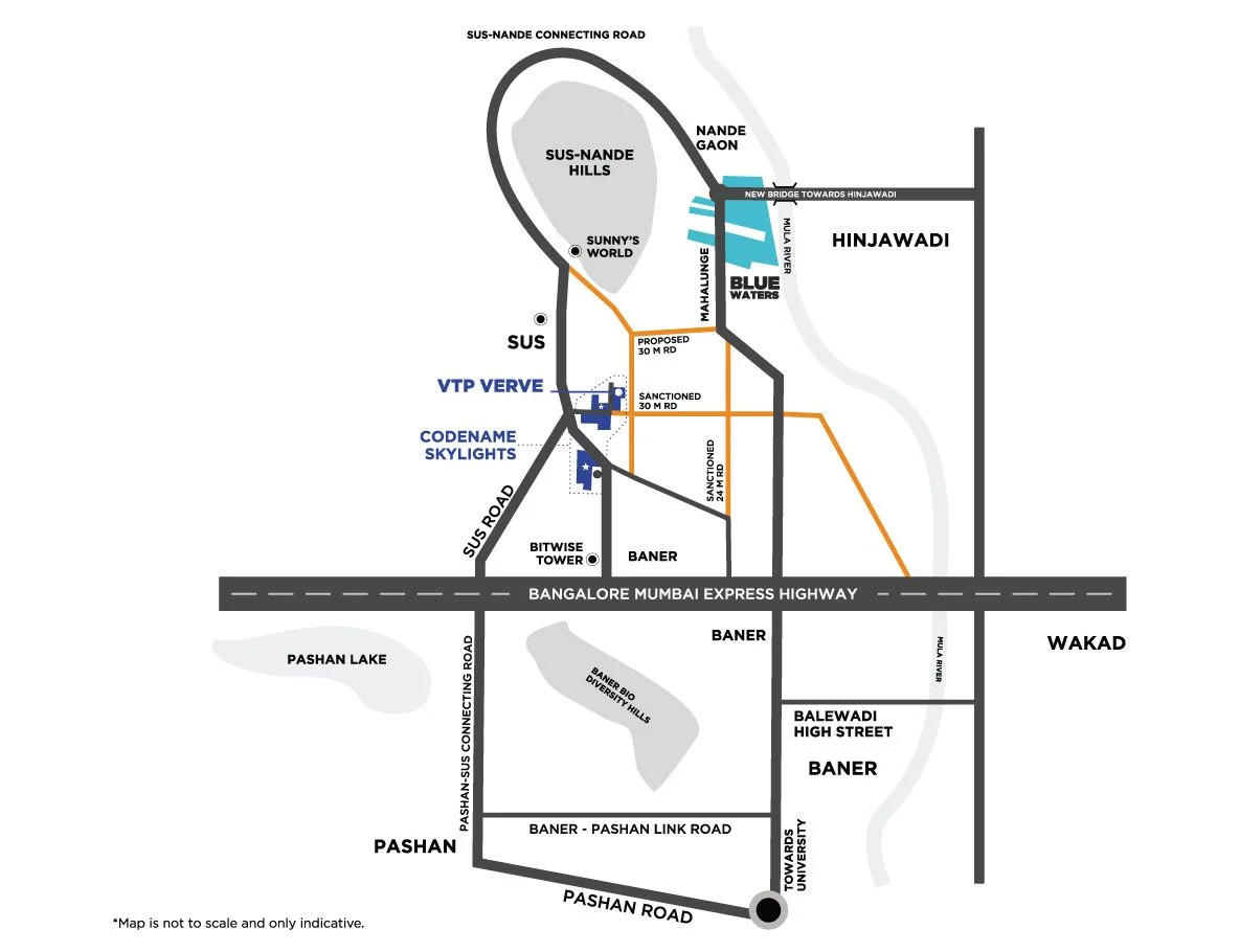 VTP Verve location map showing Sus, Baner, Pashan and the Hinjewadi approach