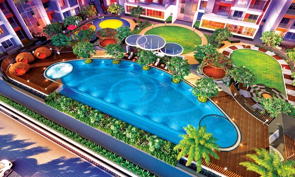 VTP Verve crescent-shaped infinity-edge swimming pool on the podium